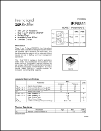 IRF5851 datasheet: HEXFET power MOSFET.  VDSS = -20V, RDS(on) = 0.135 Ohm (P-Ch). VDSS = 20V, RDS(on) = 0.090 Ohm (N-Ch) IRF5851