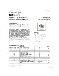 IRF5NJ540 datasheet: HEXFET power MOSFET surface mount. BVDSS = 100V, RDS(on) = 0.052 Ohm, ID = 22A IRF5NJ540