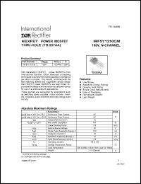 IRF5Y1310CM datasheet: HEXFET power MOSFET thru-hole. BVDSS = 100V, RDS(on) = 0.044 Ohm, ID = 18A IRF5Y1310CM