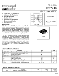 IRF7416 datasheet: HEXFET power MOSFET.  VDSS = -30V, RDS(on) = 0.02 Ohm. IRF7416
