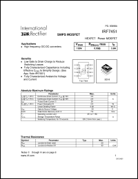 IRF7451 datasheet: HEXFET power MOSFET.  VDSS = 150V, RDS(on) = 0.09 Ohm. ID = 3.6A IRF7451