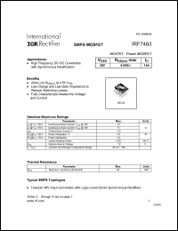 IRF7463 datasheet: HEXFET power MOSFET.  VDSS = 30V, RDS(on) = 0.008 Ohm, ID = 14A IRF7463