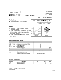 IRF7478 datasheet: HEXFET power MOSFET.  VDSS = 60V, RDS(on) = 26mOhm, ID = 4.2A @ VGS = 10V. RDS(on) = 30mOhm, ID = 3.5A @ VGS = 4.5V. IRF7478