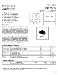 IRF7503 datasheet: HEXFET power MOSFET.  VDSS = 30V, RDS(on) = 0.135 Ohm IRF7503