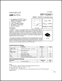 IRF7526D1 datasheet: FETKY MOSFET and schottky diode.  VDSS = -30V, RDS(on) = 0.20 Ohm, schottky Vf = 039V. IRF7526D1