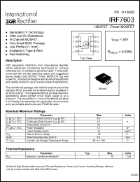 IRF7603 datasheet: HEXFET power MOSFET. VDSS = 30V, RDS(on) = 0.035 Ohm. IRF7603