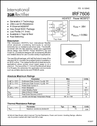 IRF7606 datasheet: HEXFET power MOSFET. VDSS = -30V, RDS(on) = 0.09 Ohm. IRF7606