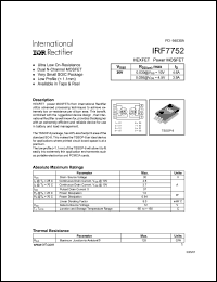 IRF7752 datasheet: HEXFET power MOSFET. VDSS = 30V. RDS(on) = 0.030 Ohm ID = 4.6A @ VGS = 10V. RDS(on) = 0.036Ohm, ID = 3.9A @ VGS =  4.5V. IRF7752