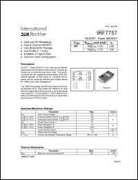 IRF7757 datasheet: HEXFET power MOSFET. VDSS = 20V. RDS(on) = 35mOhm, ID = 4.8A @ VGS = 4.5V. RDS(on) = 40mOhm, ID = 3.8A @ VGS = 2.5V. IRF7757