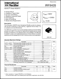 IRF840S datasheet: HEXFET power MOSFET. VDS = 500V, RDS(on) = 0.85 Ohm , ID = 8.0A IRF840S