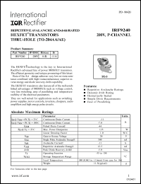 IRF9240 datasheet: HEXFET transistor thru-hole. BVDS = -200V, RDS(on) = 0.5 Ohm , ID = -11A IRF9240