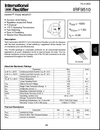 IRF9510 datasheet: HEXFET power MOSFET. VDSS = -100V, RDS(on) = 1.2 Ohm, ID = -4.0A IRF9510