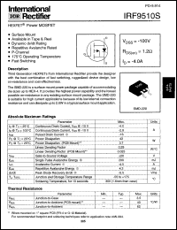 IRF9510S datasheet: HEXFET power MOSFET. VDSS = -100V, RDS(on) = 1.2 Ohm, ID = -4.0A IRF9510S