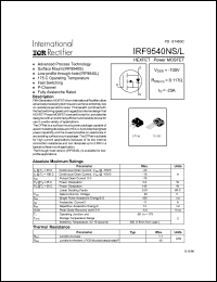 IRF9540NS datasheet: HEXFET power MOSFET. VDSS = -100V, RDS(on) = 0.117 Ohm, ID = -23A IRF9540NS