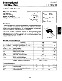 IRF9620 datasheet: HEXFET power MOSFET. VDSS = -200V, RDS(on) = 1.5 Ohm, ID = -3.5A IRF9620