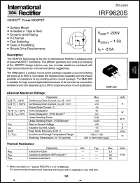IRF9620S datasheet: HEXFET power MOSFET. VDSS = -200V, RDS(on) = 1.5 Ohm, ID = -3.5A IRF9620S