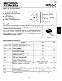 IRF9640 datasheet: HEXFET power MOSFET. VDSS = -200V, RDS(on) = 0.50 Ohm, ID = -11A IRF9640