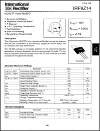 IRF9Z14 datasheet: HEXFET power MOSFET. VDSS = -60V, RDS(on) = 0.50 Ohm, ID = -6.7A IRF9Z14
