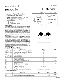 IRF9Z14L datasheet: HEXFET power MOSFET. VDSS = -60V, RDS(on) = 0.50 Ohm, ID = -6.7A IRF9Z14L