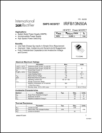 IRFB13N50A datasheet: HEXFET power MOSFET. VDSS = 500V, RDS(on) = 0.450 Ohm, ID = 14A IRFB13N50A