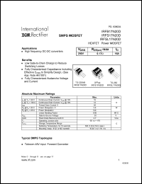 IRFSL17N20D datasheet: HEXFET power MOSFET. VDSS = 200V, RDS(on) = 0.17 Ohm, ID = 16A IRFSL17N20D