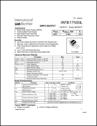 IRFB17N50L datasheet: HEXFET power MOSFET. VDSS = 500V, RDS(on) = 0.28 Ohm, ID = 16A IRFB17N50L