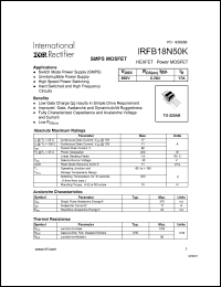 IRFB18N50K datasheet: HEXFET power MOSFET. VDSS = 500V, RDS(on) = 0.26 Ohm, ID = 17A IRFB18N50K