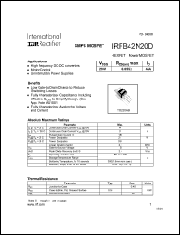 IRFB42N20D datasheet: HEXFET power MOSFET. VDSS = 200V, RDS(on) = 0.055 Ohm, ID = 44A IRFB42N20D