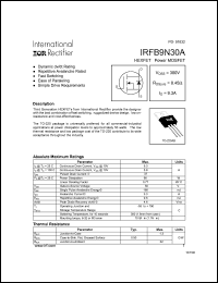 IRFB9N30A datasheet: HEXFET power MOSFET. VDSS = 300V, RDS(on) = 0.45 Ohm, ID = 9.3A IRFB9N30A