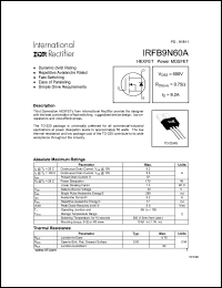 IRFB9N60A datasheet: HEXFET power MOSFET. VDSS = 600V, RDS(on) = 0.75 Ohm, ID = 9.2A IRFB9N60A