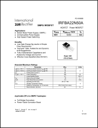IRFBA22N50A datasheet: HEXFET power MOSFET. VDSS = 500V, RDS(on) = 0.23 Ohm, ID = 24A IRFBA22N50A