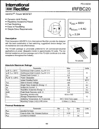 IRFBC20 datasheet: HEXFET power MOSFET. VDSS = 600V, RDS(on) = 4.4 Ohm, ID = 2.2A IRFBC20