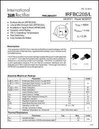 IRFBC20L datasheet: HEXFET power MOSFET. VDSS = 600V, RDS(on) = 4.4 Ohm, ID = 2.2A IRFBC20L