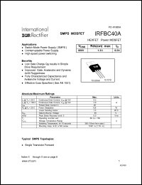 IRFBC40A datasheet: HEXFET power MOSFET. VDSS = 600V, RDS(on) = 1.2 Ohm, ID = 6.2A IRFBC40A