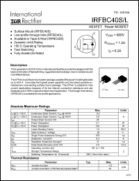 IRFBC40S datasheet: HEXFET power MOSFET. VDSS = 600V, RDS(on) = 1.2 Ohm, ID = 6.2A IRFBC40S