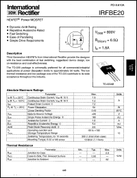 IRFBE20 datasheet: HEXFET power MOSFET. VDSS = 800V, RDS(on) = 6.5 Ohm, ID = 1.8A IRFBE20