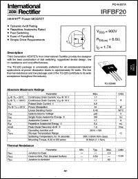 IRFBF20 datasheet: HEXFET power MOSFET. VDSS = 900V, RDS(on) = 8.0 Ohm, ID = 1.7A IRFBF20