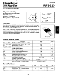 IRFBG20 datasheet: HEXFET power MOSFET. VDSS = 1000V, RDS(on) = 11Ohm, ID = 1.4A IRFBG20