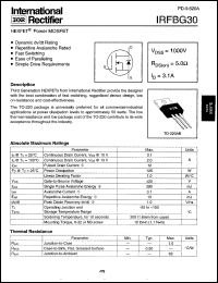 IRFBG30 datasheet: HEXFET power MOSFET. VDSS = 1000V, RDS(on) = 5.0 Ohm, ID = 3.1A IRFBG30