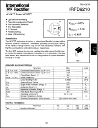 IRFD9210 datasheet: HEXFET power MOSFET. VDSS = -200V, RDS(on) = 3.0 Ohm, ID = -0.40 A IRFD9210