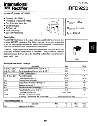 IRFD9220 datasheet: HEXFET power MOSFET. VDSS = -200V, RDS(on) = 1.5 Ohm, ID = -0.56 A IRFD9220