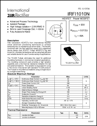 IRFI1010N datasheet: HEXFET power MOSFET. VDSS =55V, RDS(on) = 0.012 Ohm, ID = 49 A IRFI1010N