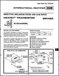 IRFI460 datasheet: HEXFET transistor (N-channel). BVDSS = 500V, RDS(on) = 0.27 Ohm, ID = 21 A IRFI460