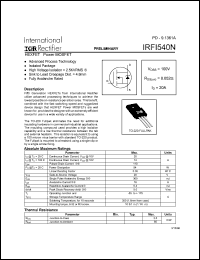 IRFI540N datasheet: HEXFET power MOSFET. VDSS = 100V, RDS(on) = 0.052 Ohm, ID = 20 A IRFI540N