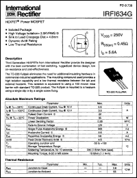 IRFI634G datasheet: HEXFET power MOSFET. VDSS = 250V, RDS(on) = 0.45 Ohm, ID = 5.6 A IRFI634G
