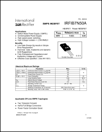 IRFIB7N50A datasheet: HEXFET power MOSFET. VDSS = 500V, RDS(on) = 0.52 Ohm, ID = 6.6 A IRFIB7N50A
