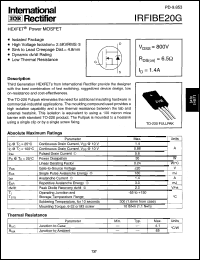 IRFIBE20G datasheet: HEXFET power MOSFET. VDSS = 800V, RDS(on) = 6.5 Ohm, ID = 1.4 A IRFIBE20G