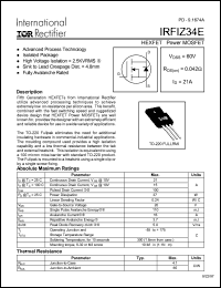 IRFIZ34E datasheet: HEXFET power MOSFET. VDSS = 60V, RDS(on) = 0.042 Ohm, ID = 21A IRFIZ34E