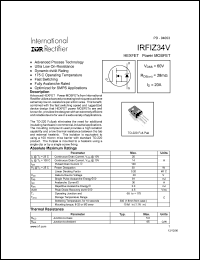 IRFIZ34V datasheet: HEXFET power MOSFET. VDSS = 60V, RDS(on) = 28mOhm, ID = 20A IRFIZ34V