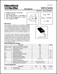 IRFIZ48N datasheet: HEXFET power MOSFET. VDSS = 55V, RDS(on) = 0.016 Ohm, ID = 36A IRFIZ48N